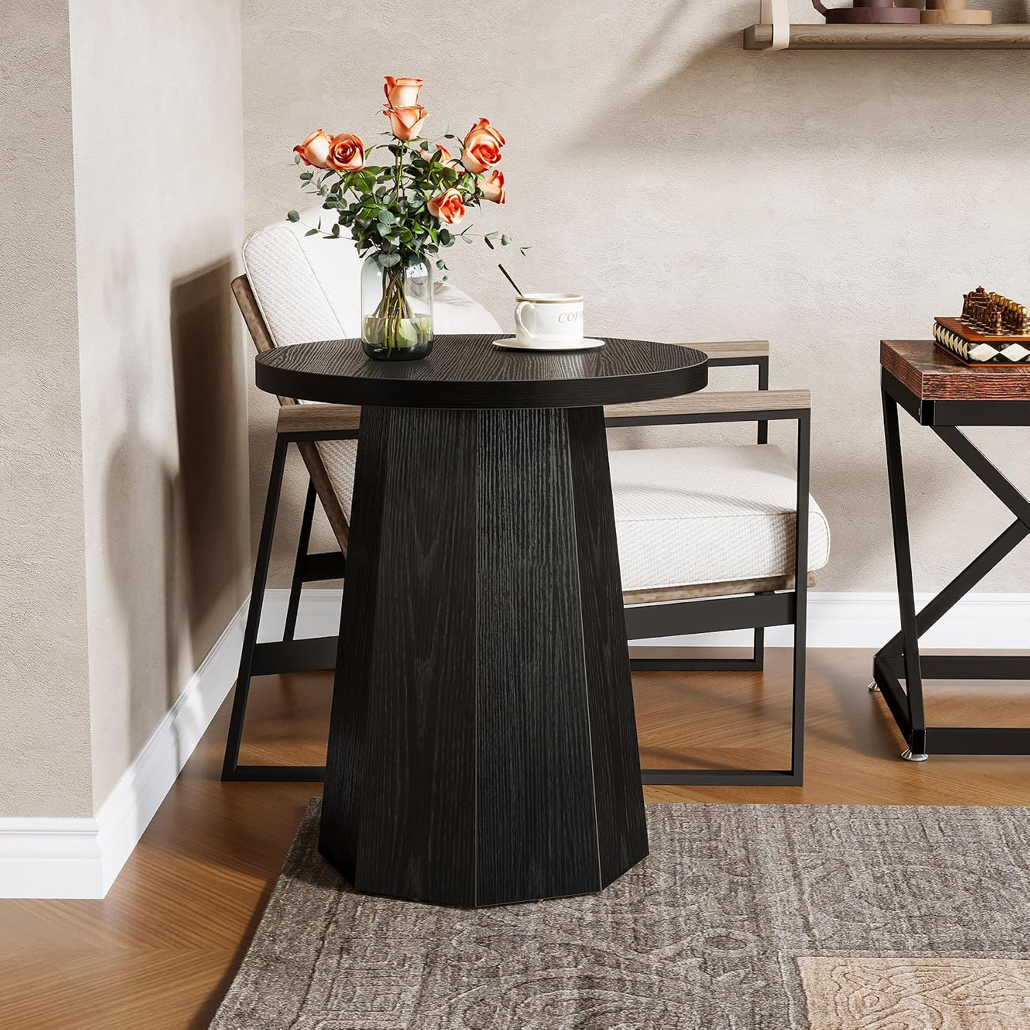 Tribesigns Round Pedestal End Table, Farmhouse Couch Side Table with Octagonal Base, Wooden Drink Stand Accent Nightstand(2, Black)