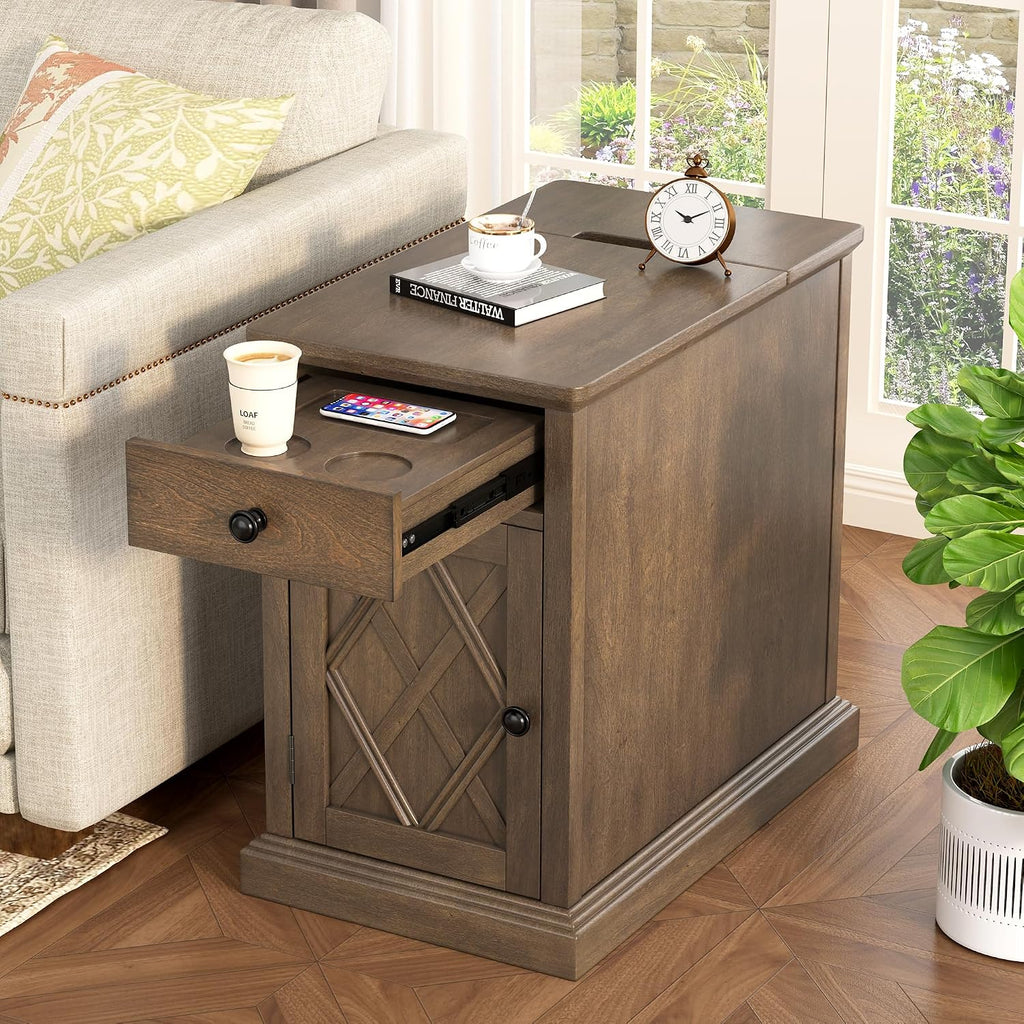 Multifunctional Classic Vintage End Table with USB Ports and 1 Drawer with Cup Holders, Sofa Side Narrow Table with Storage, Bedside Nightstand for Living Room Bedroom (Antique Brown-4.3)
