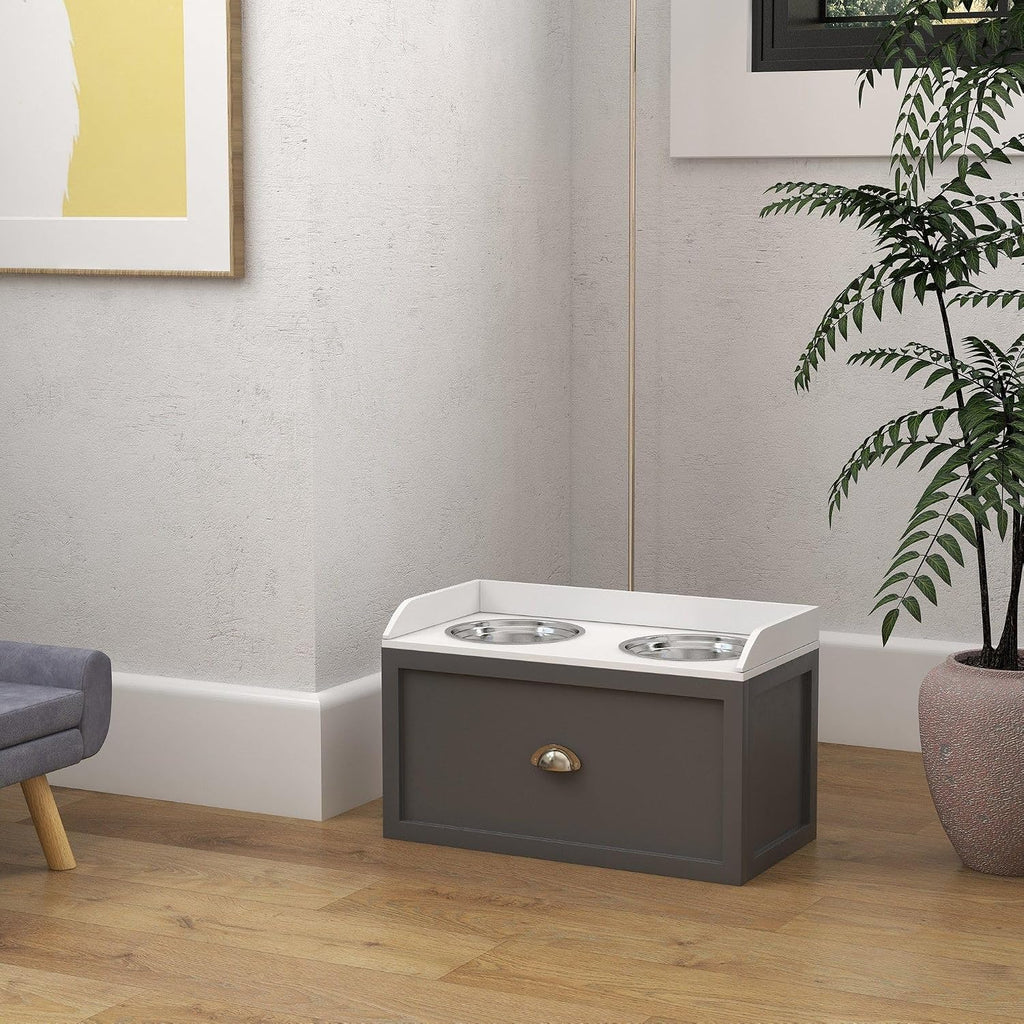 Premium Heavy Duty Elevated Dog Bowl Station with 21 Liters Capacity 2 Stainless Steel Bowls Storage Compartment Anti-Slip Gray