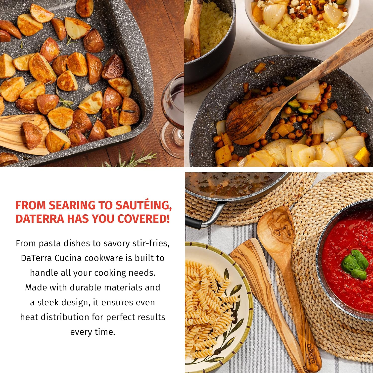 DaTerra Cucina Nonstick Italian Bundle – Roasting & Lasagna Pan, 11' Frying Pan with Lid, 5-Piece Olive Wood Cooking Utensils Set – Oven Safe, PTFE & PFOA Free - Made in Italy, Ceramic