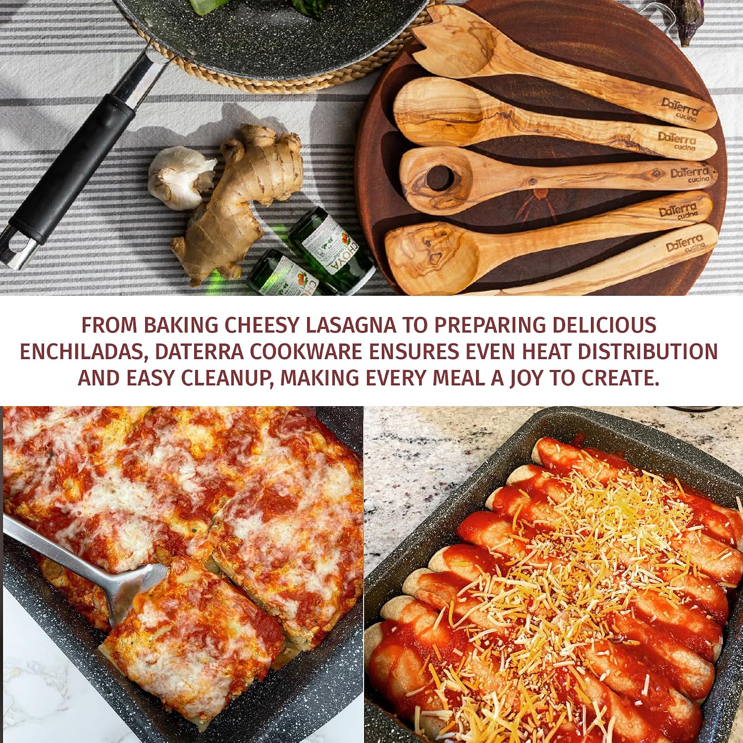 DaTerra Cucina Nonstick Italian Bundle – Roasting & Lasagna Pan, 11' Frying Pan with Lid, 5-Piece Olive Wood Cooking Utensils Set – Oven Safe, PTFE & PFOA Free - Made in Italy, Ceramic