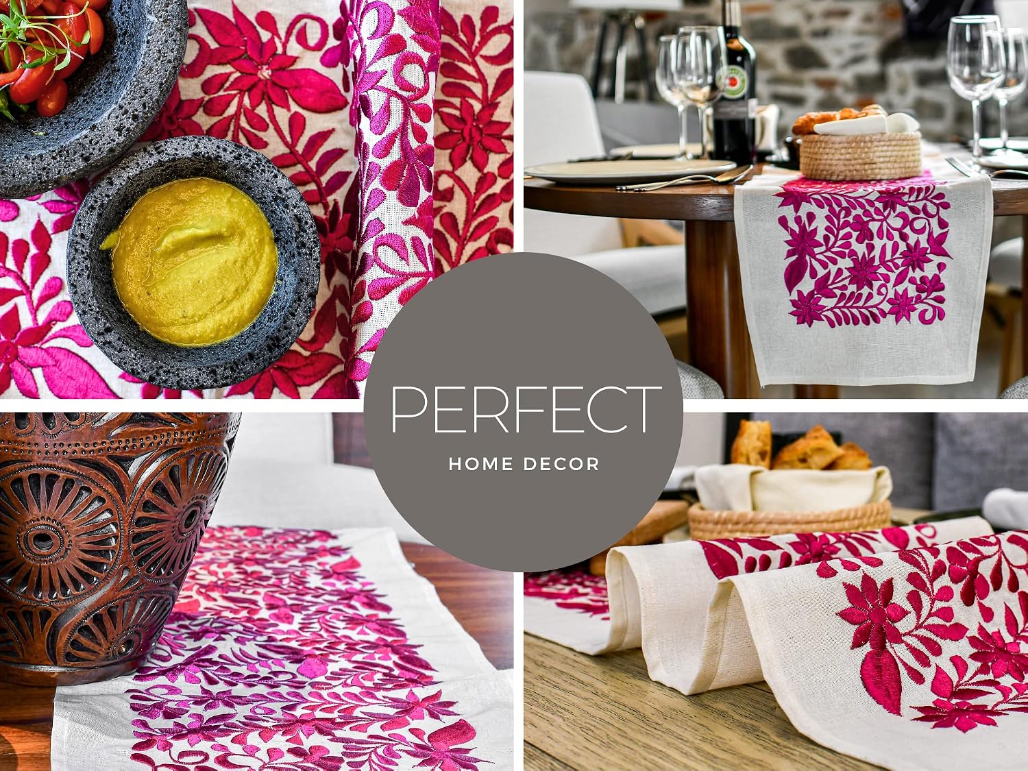 OR1GIN Handmade Table Runner, Premium Quality Silk Thread and Cotton, Mexican Design, Hand Embroidered by Artisans