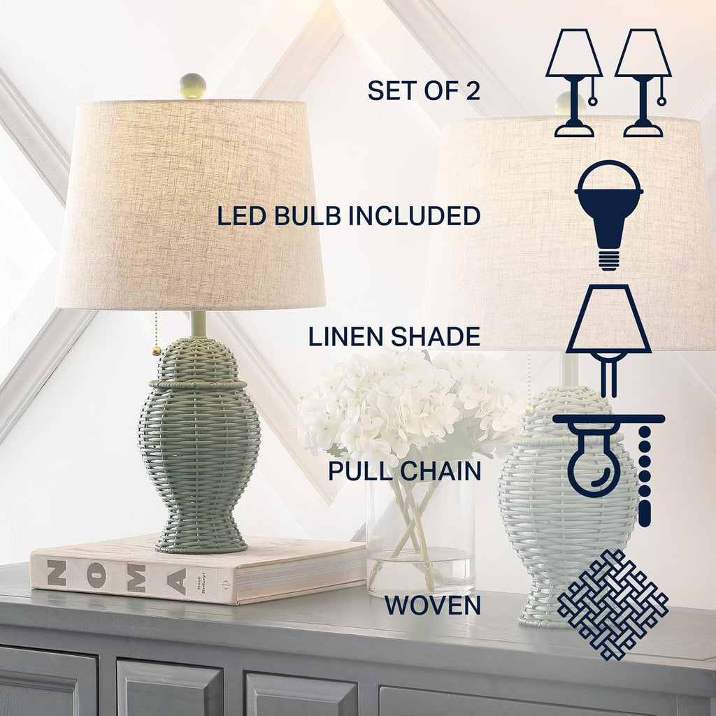 JONATHAN Y 20.5' Green Wicker Table Lamp Set of 2, Bohemian Rustic Farmhouse Bedside Lamps for Living Room, Nightstand Desk Lamps with Beige Linen Shade, LED Bulbs Included (JYL4041C-SET2)