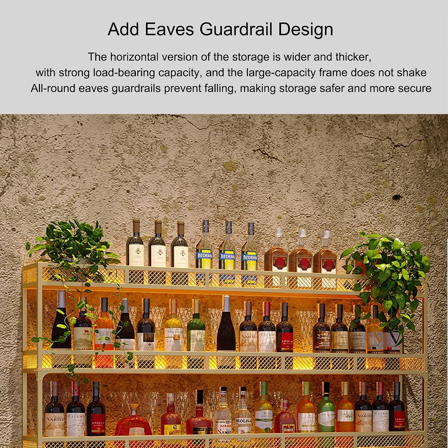 Metal Bar Shelves Wine Rack Wall Mounted with Hanging Wine Glass Holder Rack and LED Light for Liquor Bottle Display Shelf Racks Countertop Floating Bar Mini Bar Cabinet for Home Bar Cafe Kitchen ( Co