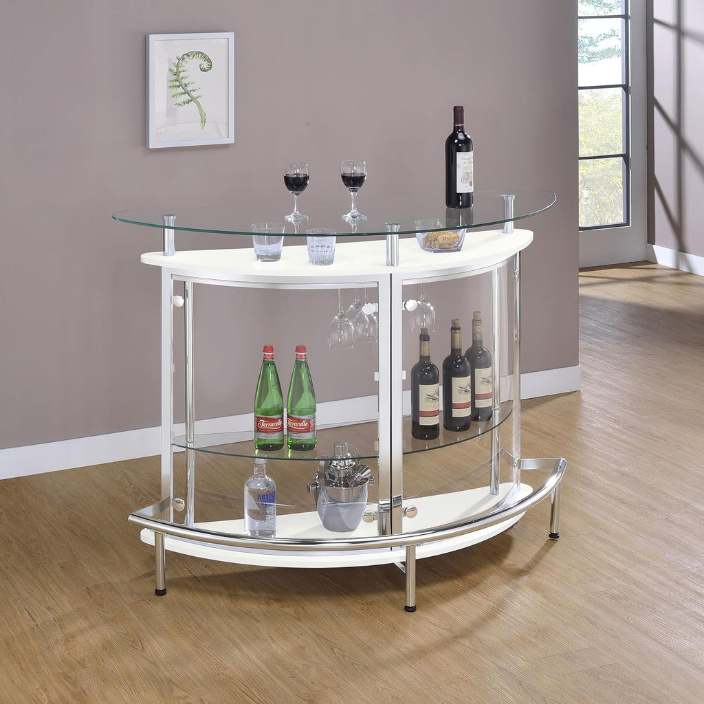 Coaster Home Furnishings Amarillo Glass Top Freestanding Home Bar Cabinet, Modern Liquor Cabinet with 2 Shelves and Wine Glass Rack, White