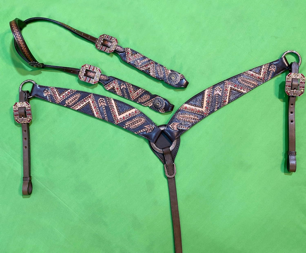 One Ear Western Headstall Bridle Breast Collar Set - Red Rivets and Copper Studs -Genuine Argentina Cow Leather