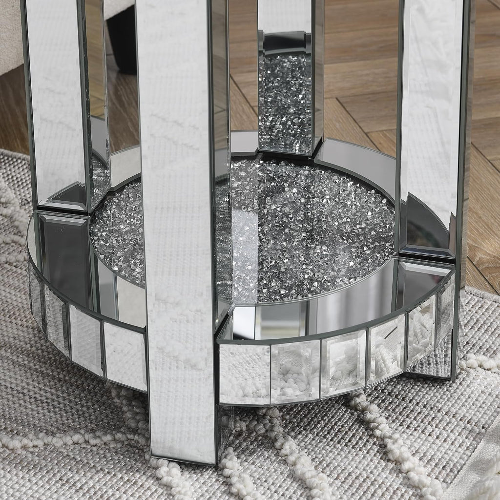 Mirrored Round End Table with Crystal, 2-Layer Modern Small Sofa Table with Storage Space, Silver Decorative Table for Living Room, Bedroom