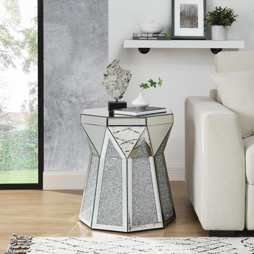 Drum End Table with Mirror Crystal, Silver Decorative Table, Modern Design Luxury Furniture, 20 inch for Living Room