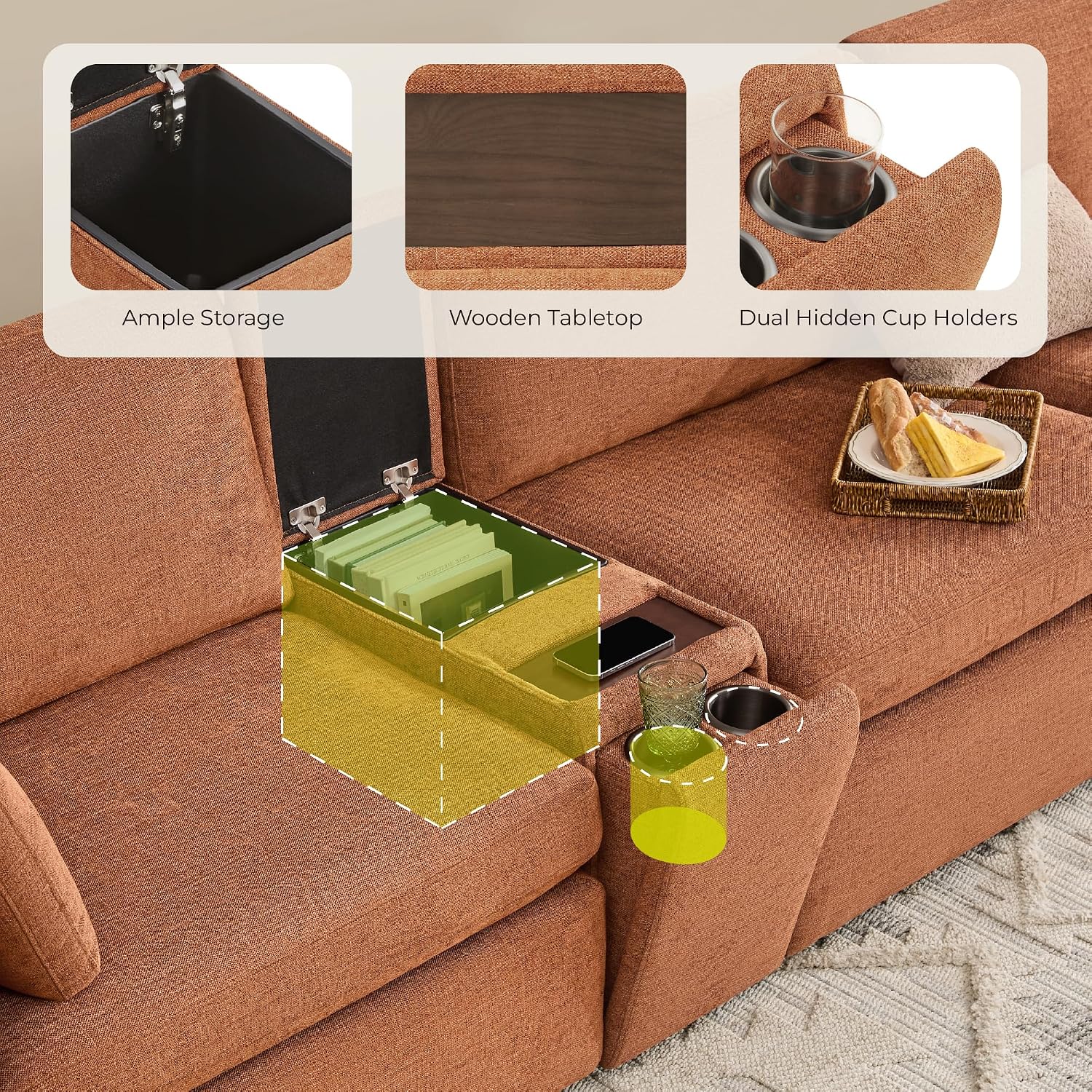 CHITA Versatile Storage Console for Modular Sofa, Multifunctional Side Table with Dual Cup Holders, Table, No Need Assembly, Terracotta