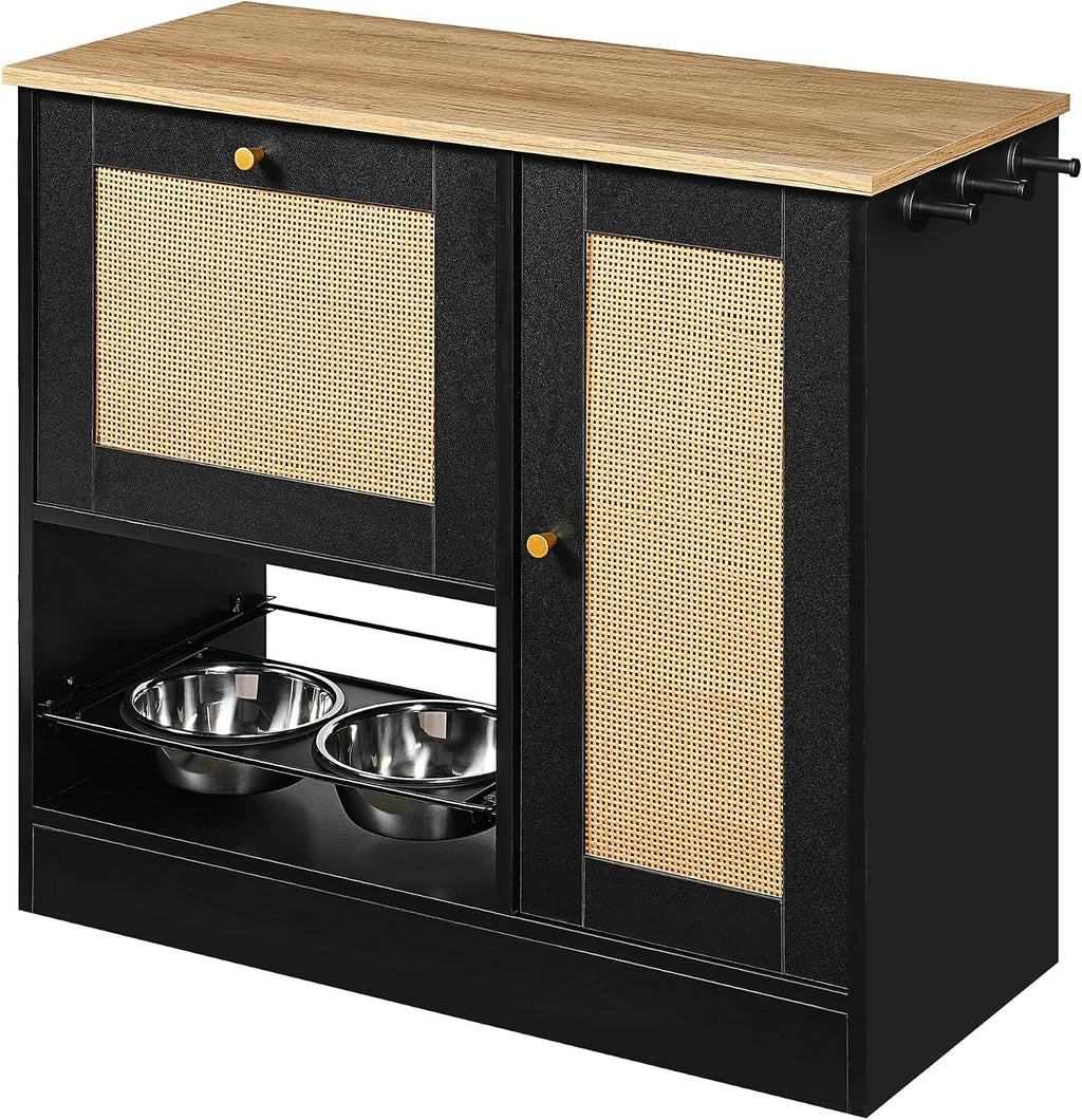 Feeding Station with 2 Lockers, Pet Feeding Station with 2 Elevated Dog Bowls, Side Hooks, Anti-Tipping Kit, Hidden Pet Feeding Station for Feeding and Watering, Rattan Door, Black