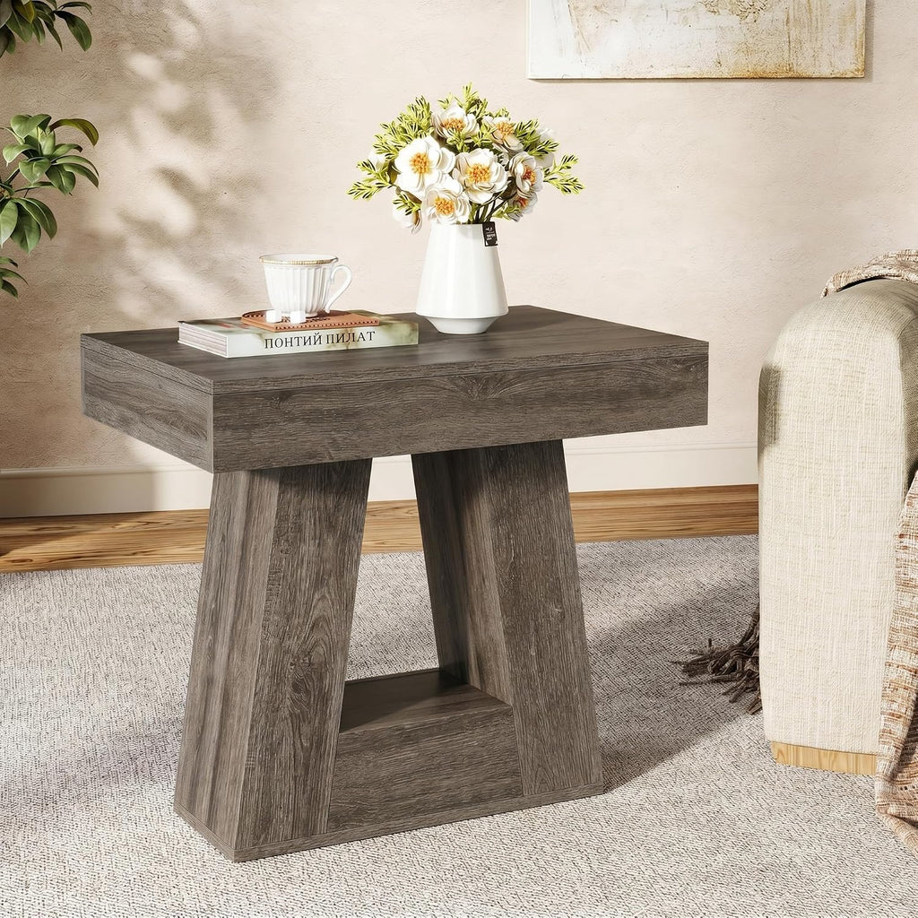 Tribesigns 24' Modern Side Table, 2-Tier Narrow Wooden End Table with Trapezoid Base, Farmhouse Small Nightstand for Living Room, Bedroom (2, Gray)