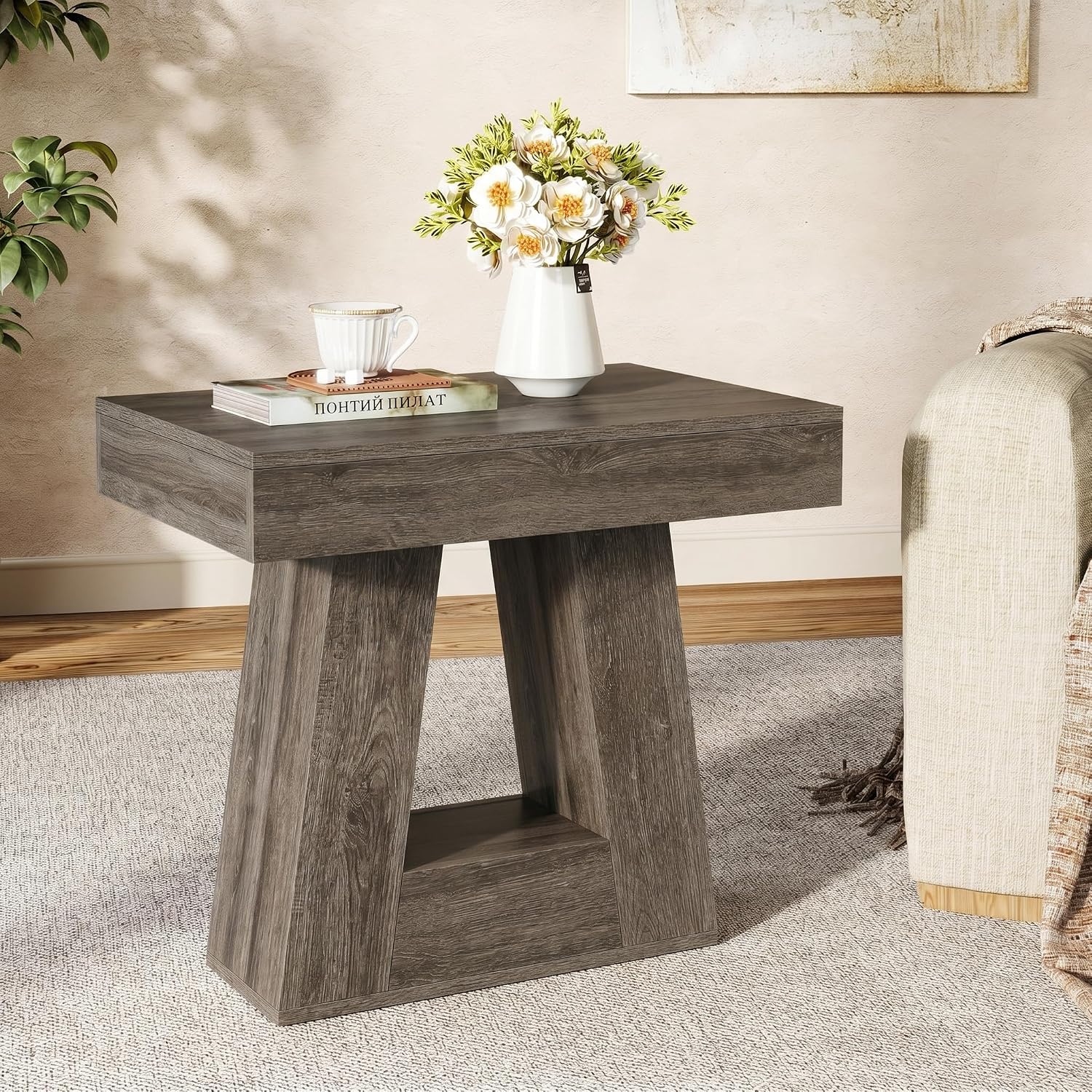Tribesigns 24' Modern Side Table, 2-Tier Narrow Wooden End Table with Trapezoid Base, Farmhouse Small Nightstand for Living Room, Bedroom (2, Gray)