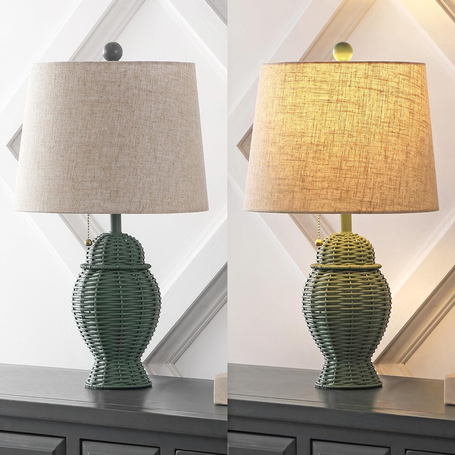 JONATHAN Y 20.5' Green Wicker Table Lamp Set of 2, Bohemian Rustic Farmhouse Bedside Lamps for Living Room, Nightstand Desk Lamps with Beige Linen Shade, LED Bulbs Included (JYL4041C-SET2)