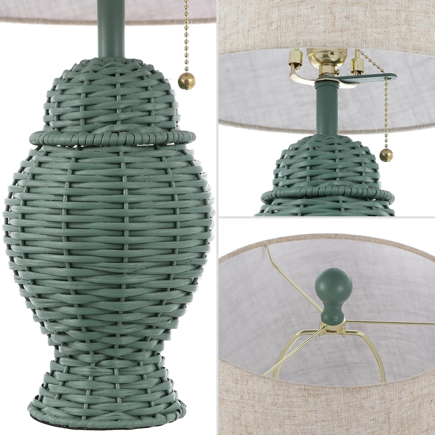 JONATHAN Y 20.5' Green Wicker Table Lamp Set of 2, Bohemian Rustic Farmhouse Bedside Lamps for Living Room, Nightstand Desk Lamps with Beige Linen Shade, LED Bulbs Included (JYL4041C-SET2)