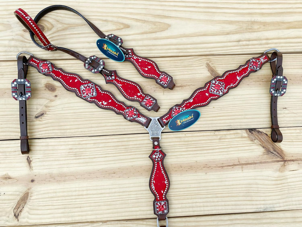 Western Leather Headstall & Breast Collar Set for Horses - Valentine's Day Silver Metallic Cowhide with Rhinestones