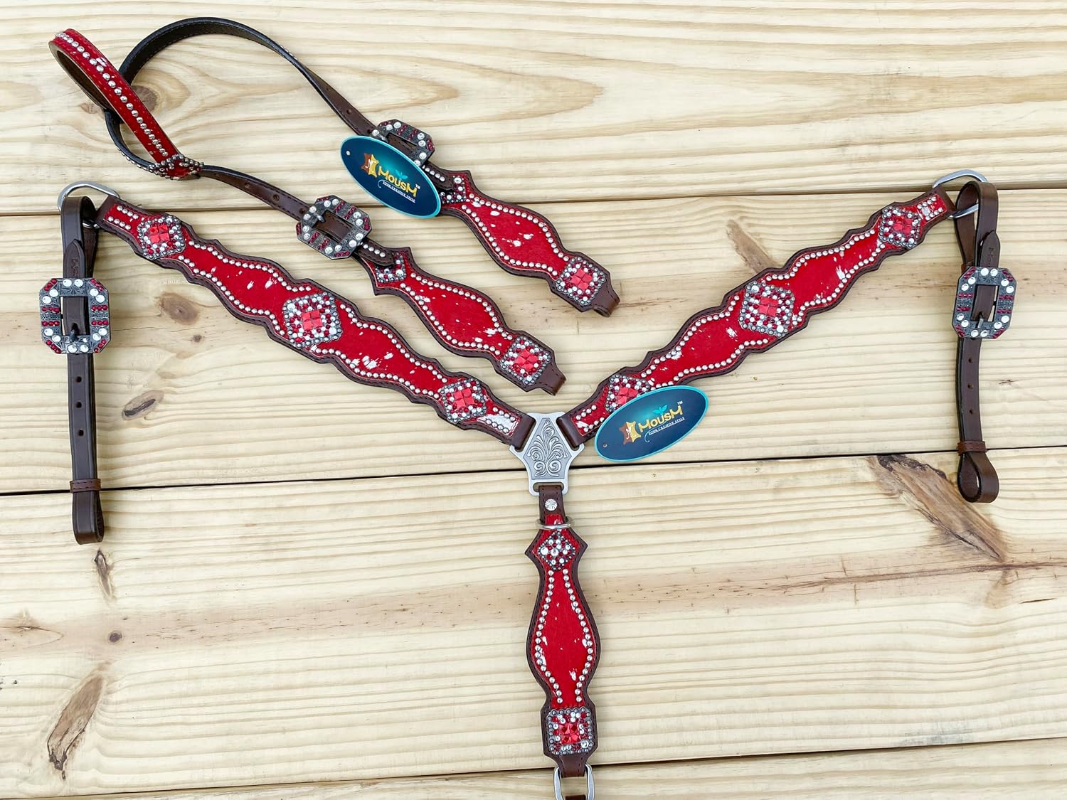 Western Leather Headstall & Breast Collar Set for Horses - Valentine's Day Silver Metallic Cowhide with Rhinestones