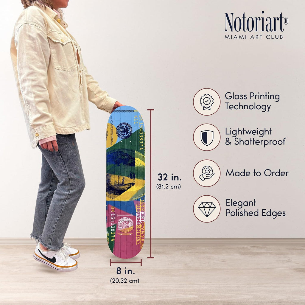 Trendy Pop Acrylic Wall Art Die-Cut Easy-to-Hang, 1 Panel 8' x 32', Pop Money Skateboard