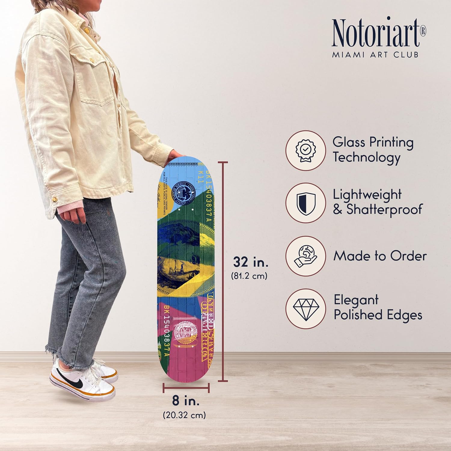 Trendy Pop Acrylic Wall Art Die-Cut Easy-to-Hang, 1 Panel 8' x 32', Pop Money Skateboard