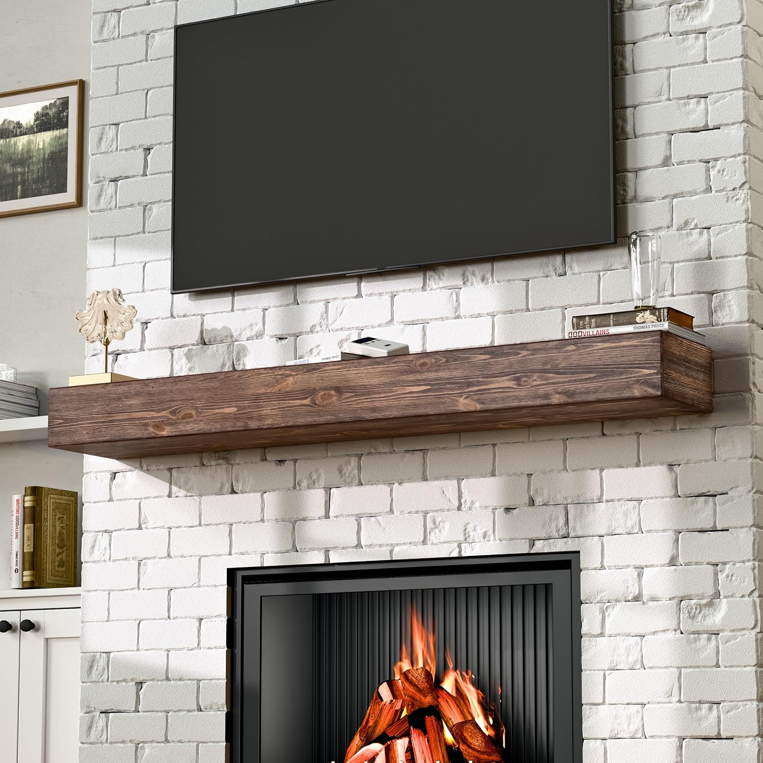 66 Inch Fireplace Mantel Shelf - 8' Deep Solid Wood Floating Mantel for Over Fireplace - 90LBS with Invisible Bracket - Handcrafted TV Decor for Livingroom & Bedroom - Charred Rustic Brown