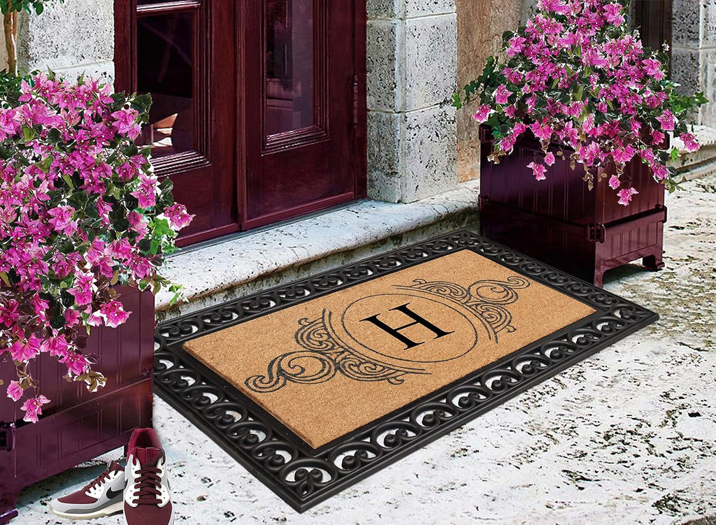 A1HC Natural Coir Monogrammed Doormat 30'x48', Anti-Shed Treated Durable Front Door Mat for Outside Entrance, Heavy Duty, Low Profile, Easy to Clean, Long Lasting Entrymat - H, Floral Black