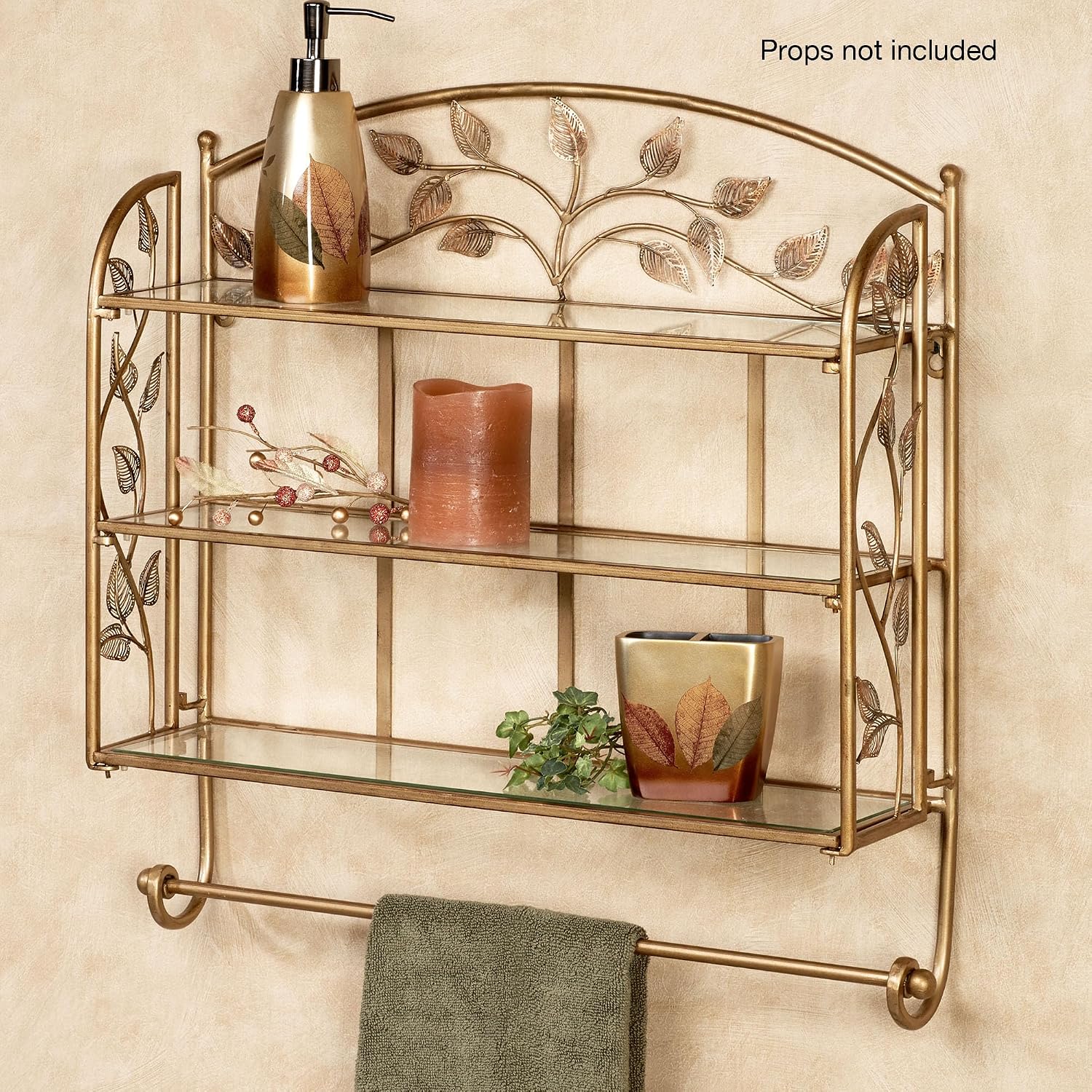 Touch of Class Eden Powder Coated Metal Wall Shelf with Glass Shelves and Towel Bar Champagne Bronze 24' Wx6 Dx24 H