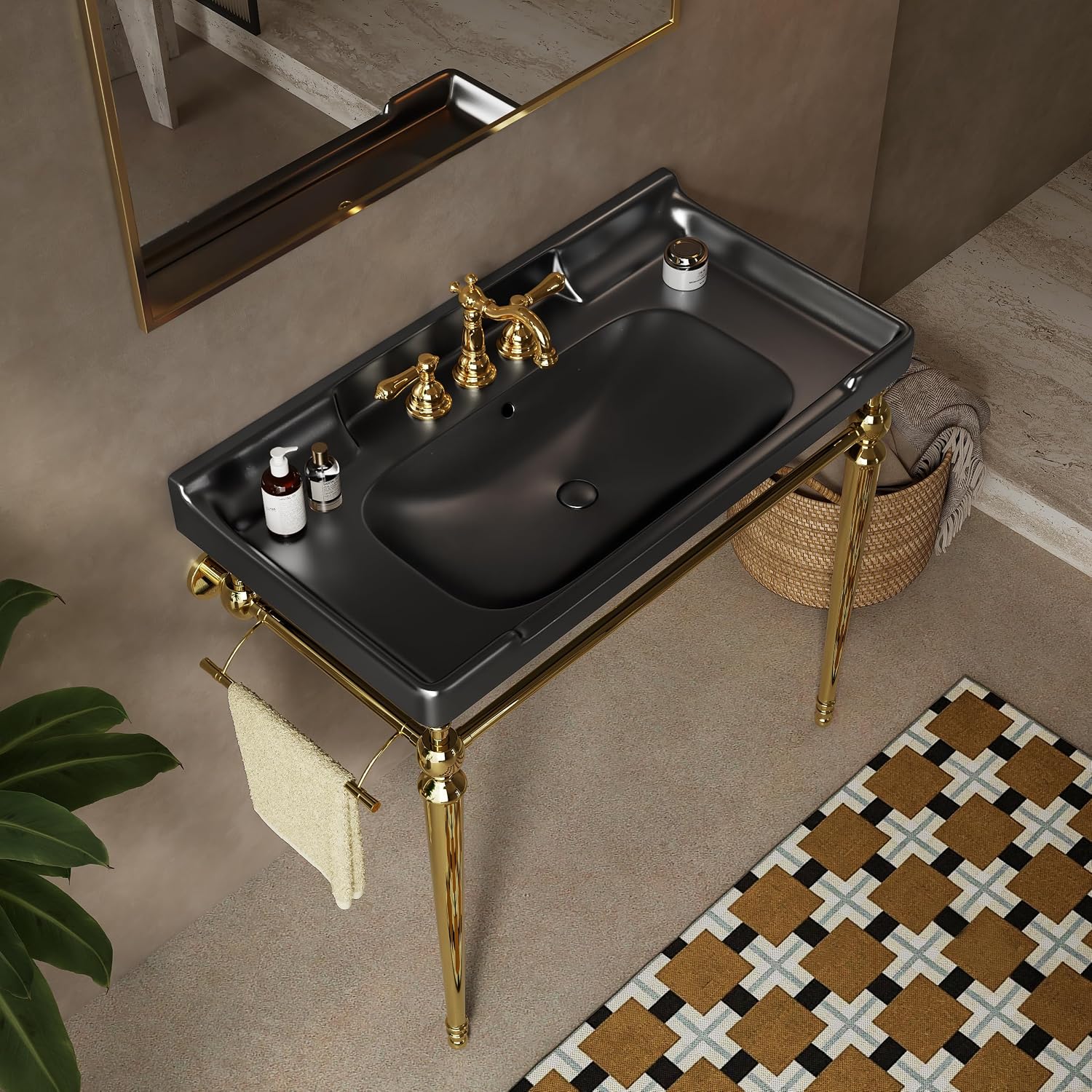 Yayzy 36' Bathroom Vanity with Black Ceramic Sink, Wall-Mounted Console Style, Gold-Finish Stainless Steel Legs & Towel Bar, 3 Faucet Holes, No Faucet