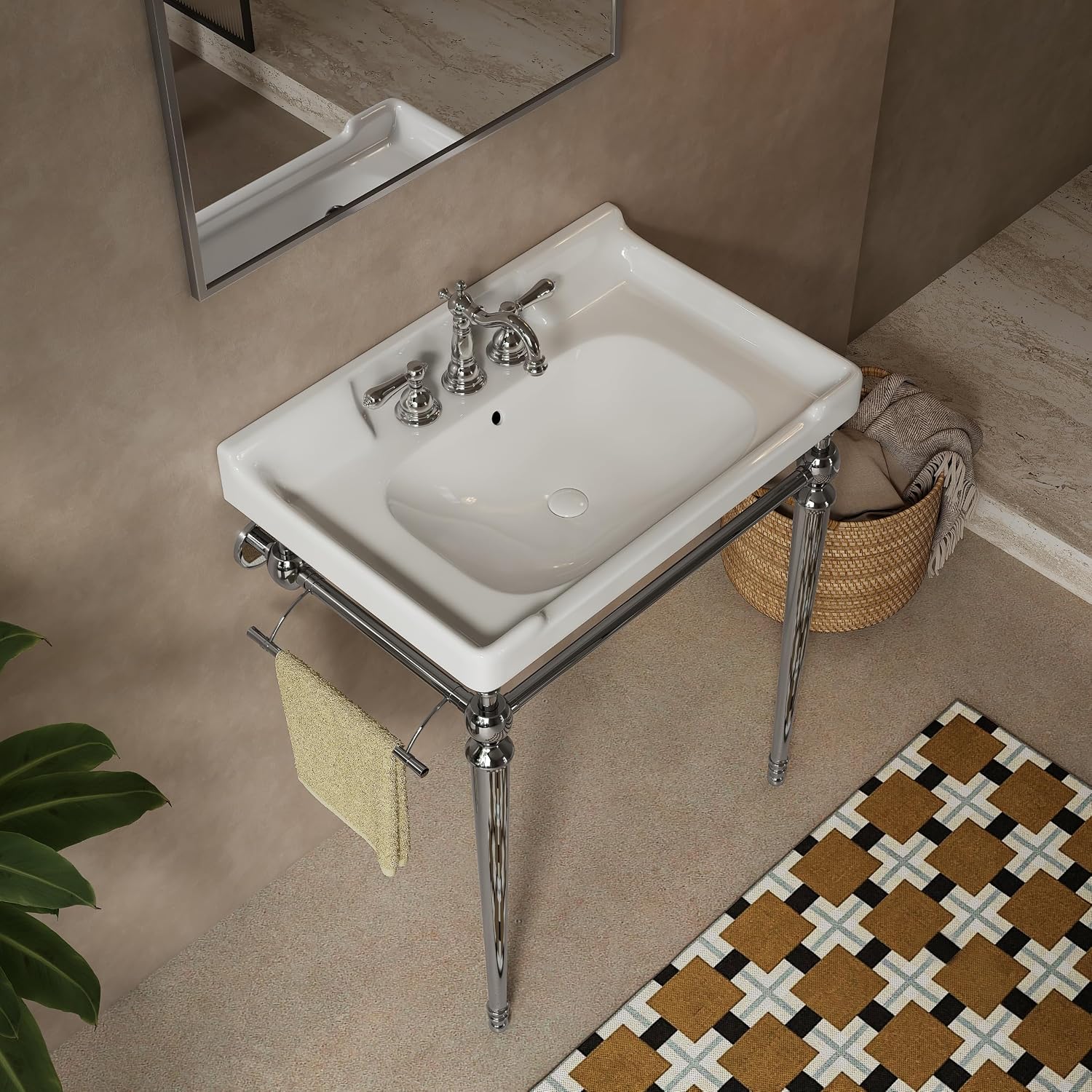 Yayzy 28' Console Bathroom Vanity with White Ceramic Sink, Silver Stainless Steel Legs & Towel Bar, 3 Faucet Holes, No Faucet, Wall-Mounted Support