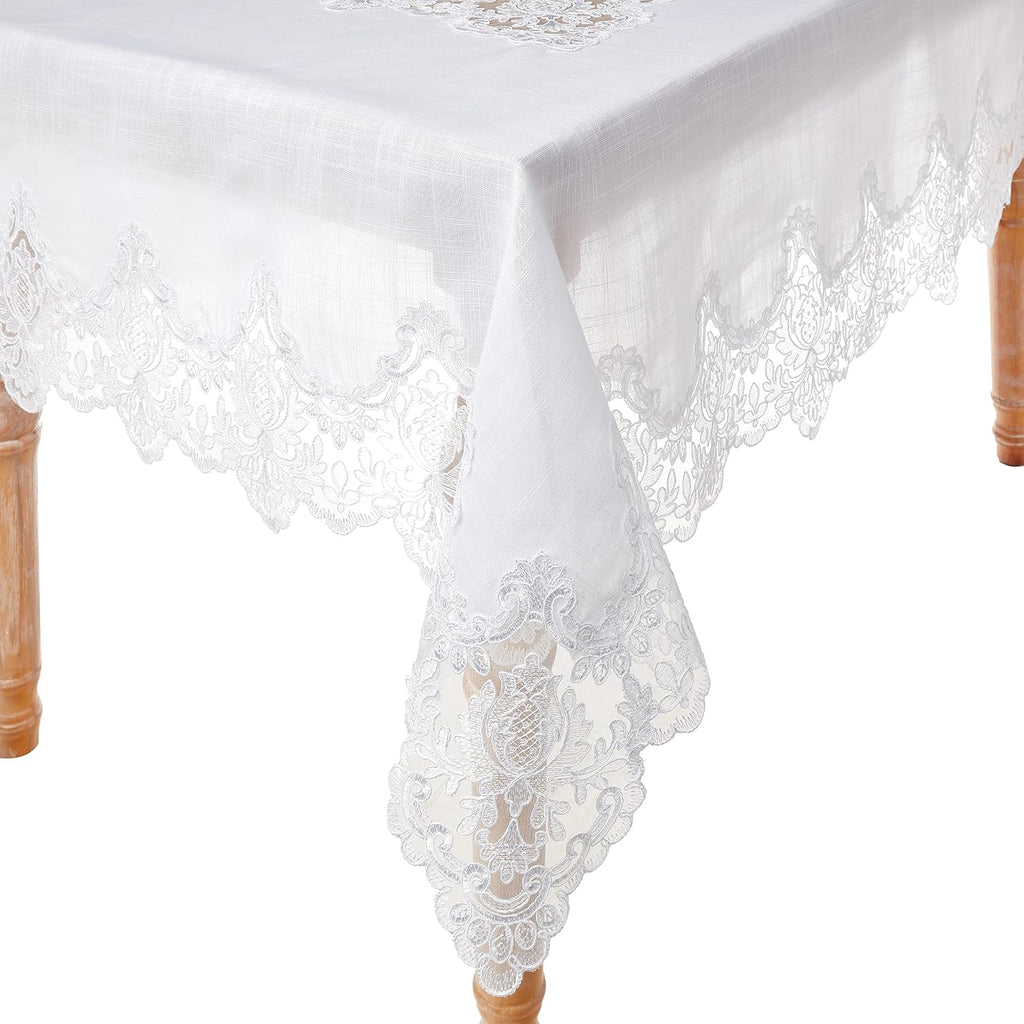 Violet Linen Imperial Embroidered Vintage Lace Design Oblong/Rectangle Tablecloth, 60' x 84', White