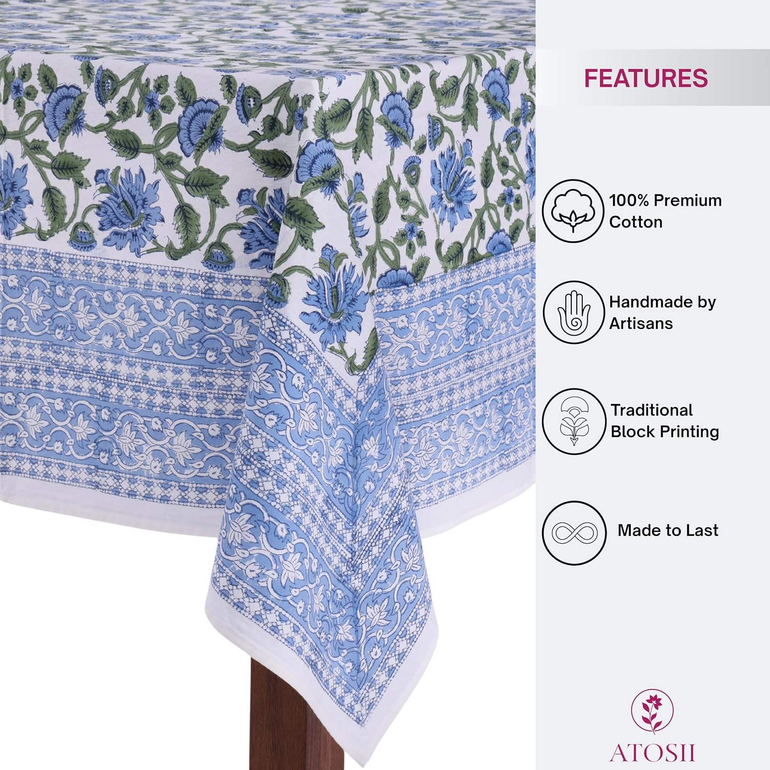 ATOSII Taj 100% Cotton Fall Tablecloth, Handblock Print Rectangle Table Cover for Kitchen Dining Linen I Parties, Thanksgiving, Christmas, Wedding, Table Cloth I 72 X 140 Inches I 12 Seater