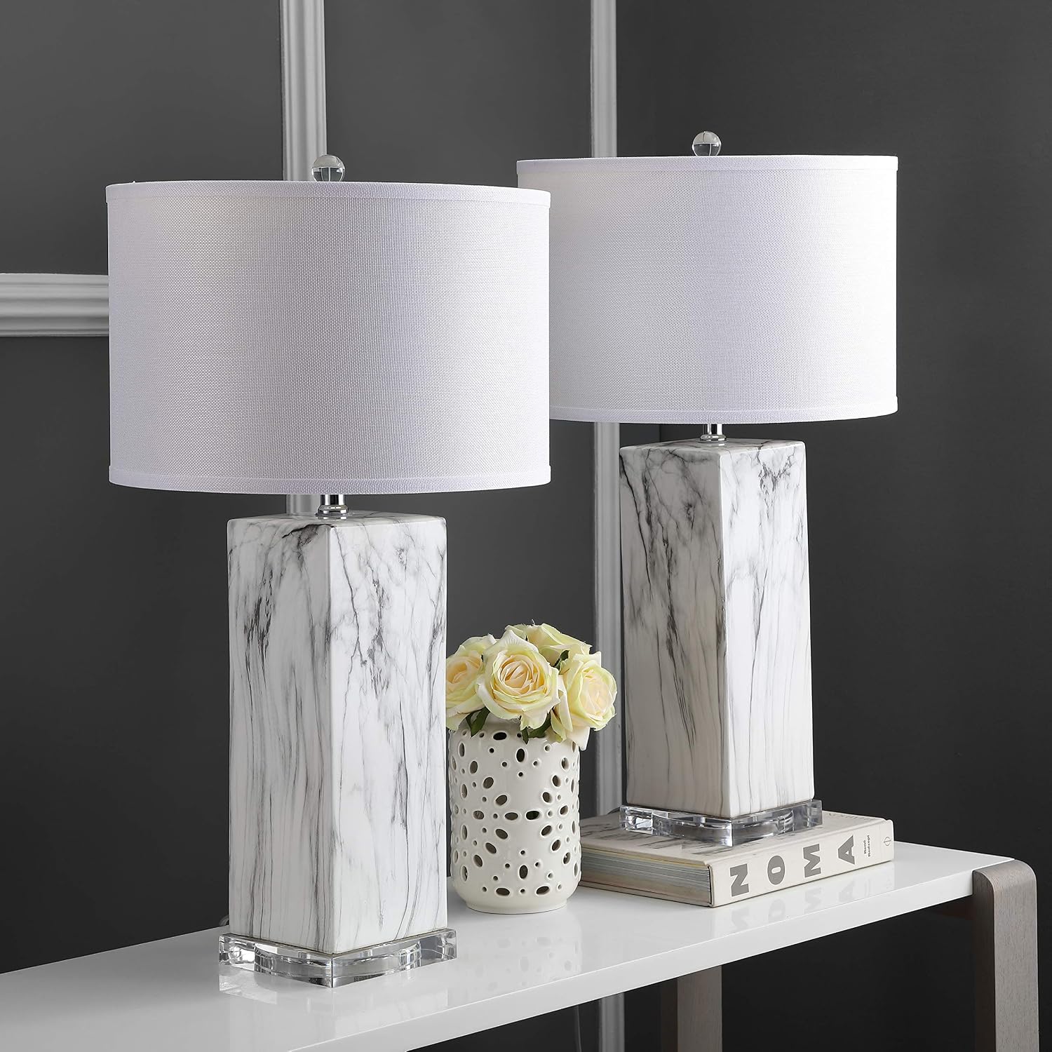 SAFAVIEH Lighting Collection Olympia Black/White 29-inch Table Lamp Set of 2 with USB Charging Port (LED Bulbs Included)