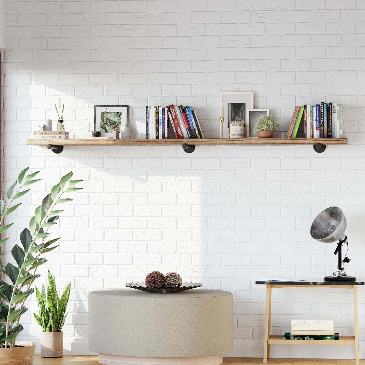 Wallniture Burnt Finish Pipe Wall Shelf - 9.25'' Deep, 1.5'' Thick Solid Wood, Lengths: 48', 60', 72', 84' - Includes Pipe Brackets (84'')