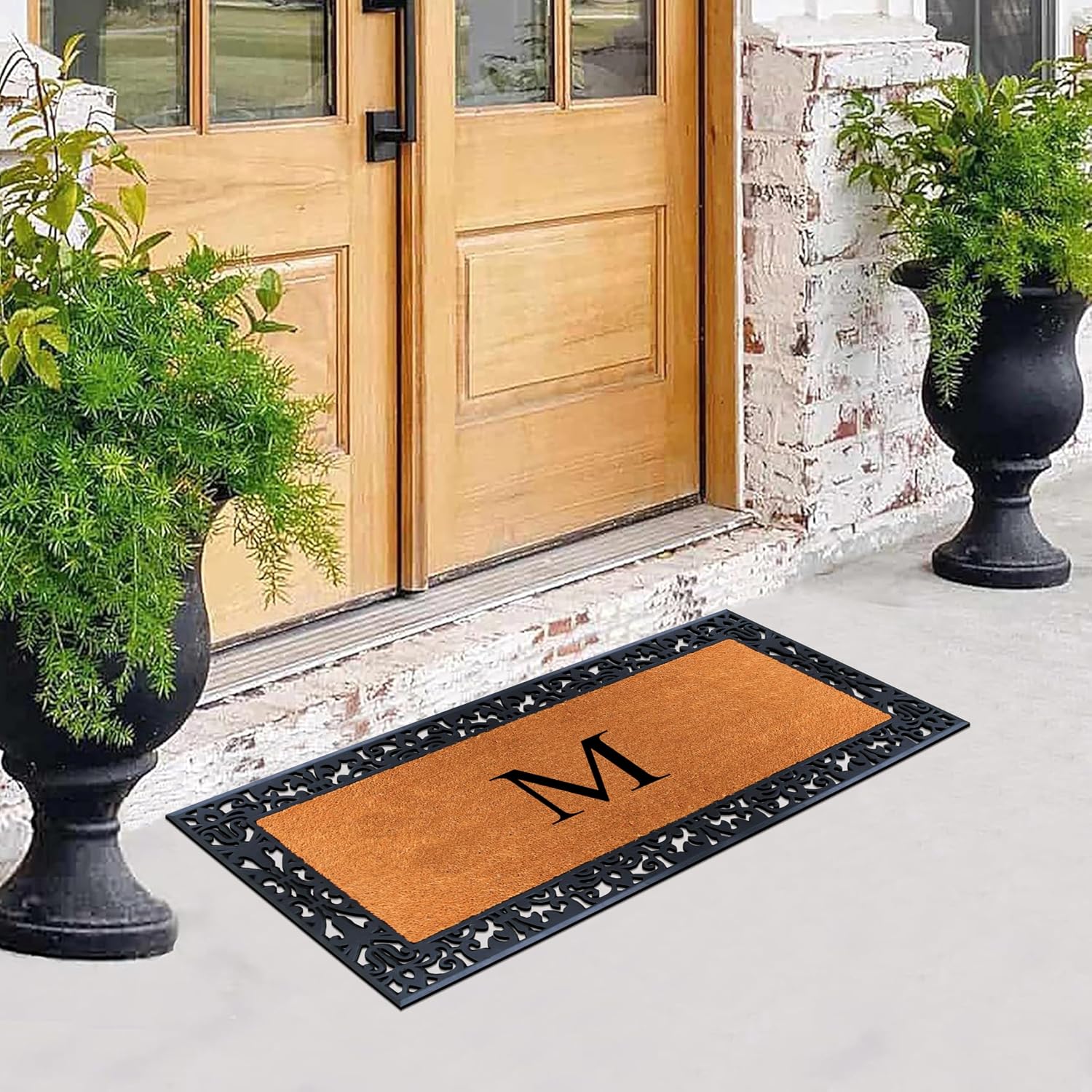 A1HC Natural Coir Doormat for Outside Entrance, Anti-Shed Treated Front Door Mat 30' x 60', Long Lasting Front Porch Entry Matt Monogrammed - M (Plain Black)