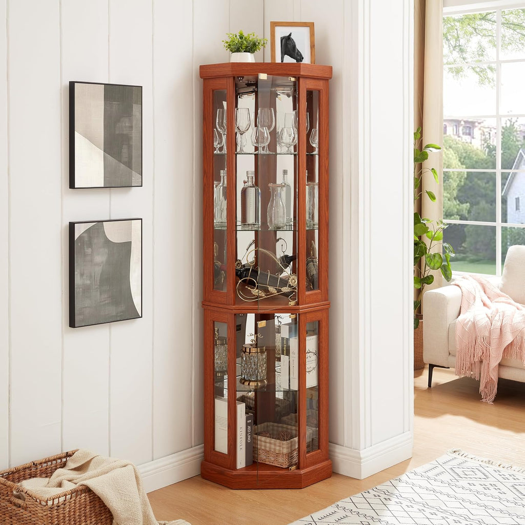 KEIKI 70' Corner Glass Display Cabinet with Adjustable Shelves, for Collectibles, Storage Curio Cabinet with Side-Hung Pane Doors, 5-Tier Showcase Display Case, Easy Assembly, for Living Room, Oak