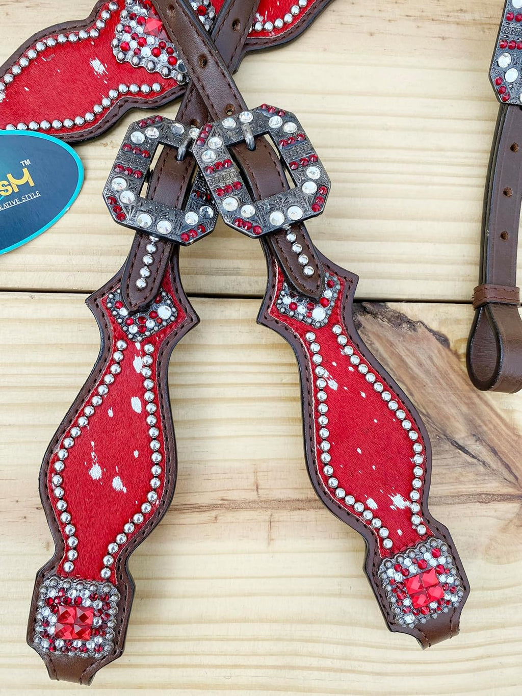 Western Leather Headstall & Breast Collar Set for Horses - Valentine's Day Silver Metallic Cowhide with Rhinestones