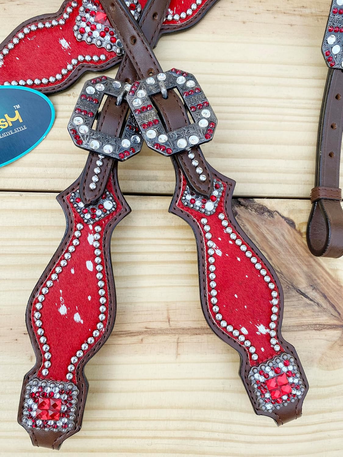 Western Leather Headstall & Breast Collar Set for Horses - Valentine's Day Silver Metallic Cowhide with Rhinestones