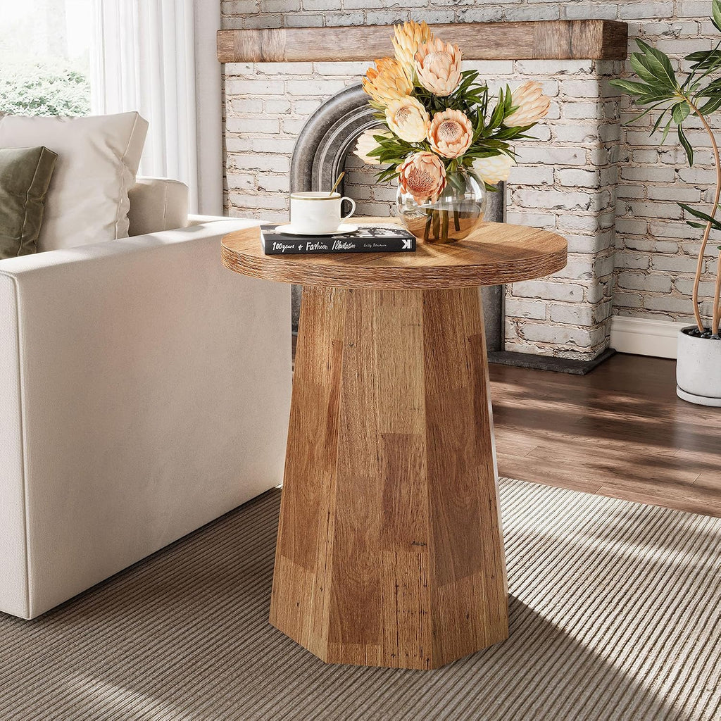 Tribesigns Farmhouse Round End Table, Wooden Couch Side Table with Octagonal Base, Rustic Brown Nightstand Pedestal Accent Furniture for Living Room, Bedroom (Set of 2, Walnut)