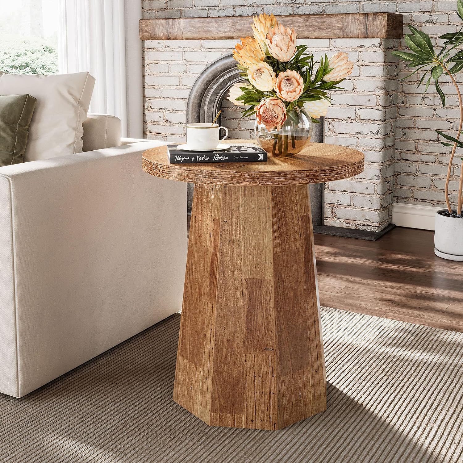 Tribesigns Farmhouse Round End Table, Wooden Couch Side Table with Octagonal Base, Rustic Brown Nightstand Pedestal Accent Furniture for Living Room, Bedroom (Set of 2, Walnut)