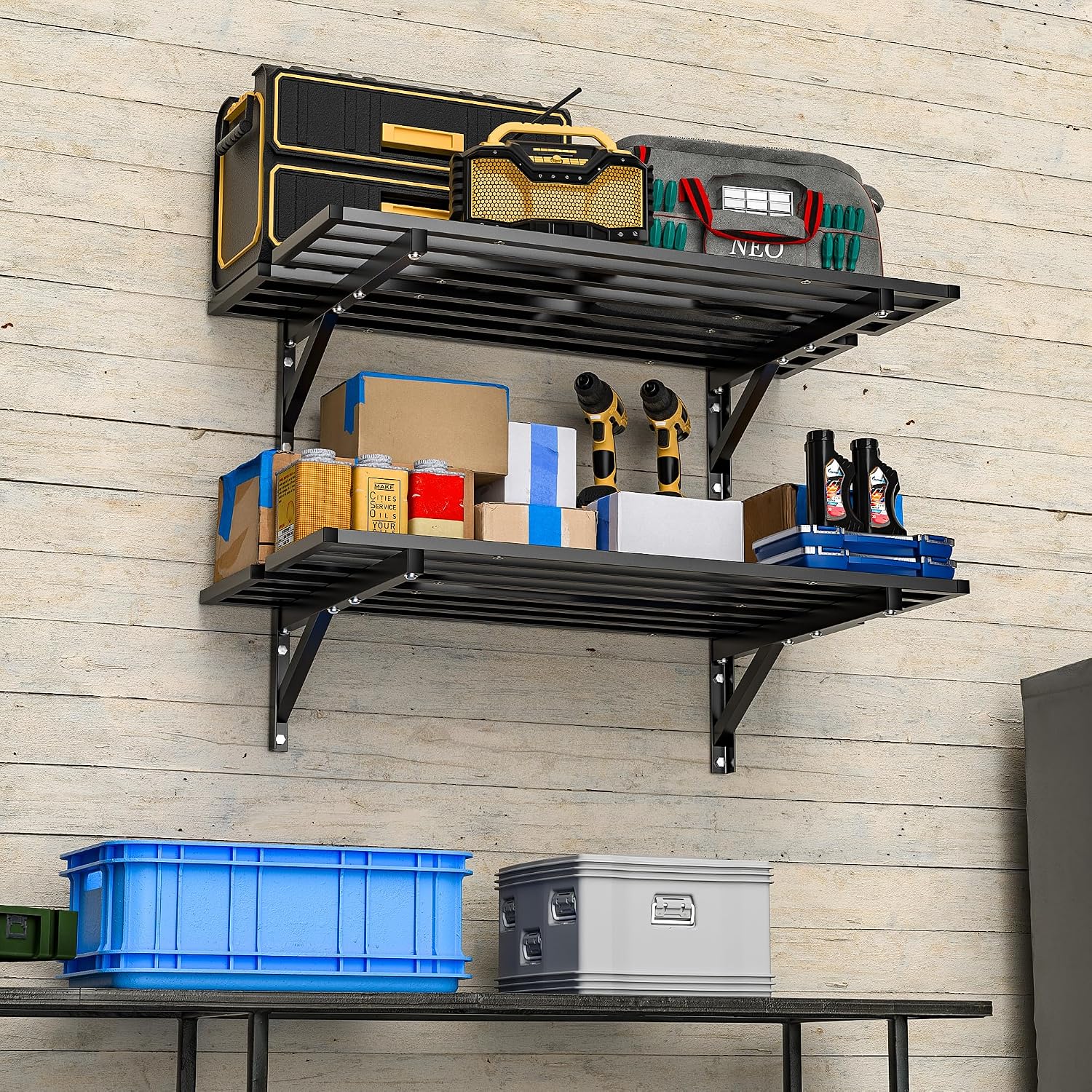 Ultrawall Heavy Duty Garage Wall Shelves, 2 x 4 ft Wall Mounted Storage Shelves, Holds Up to 800Lbs, 2Pack, Black