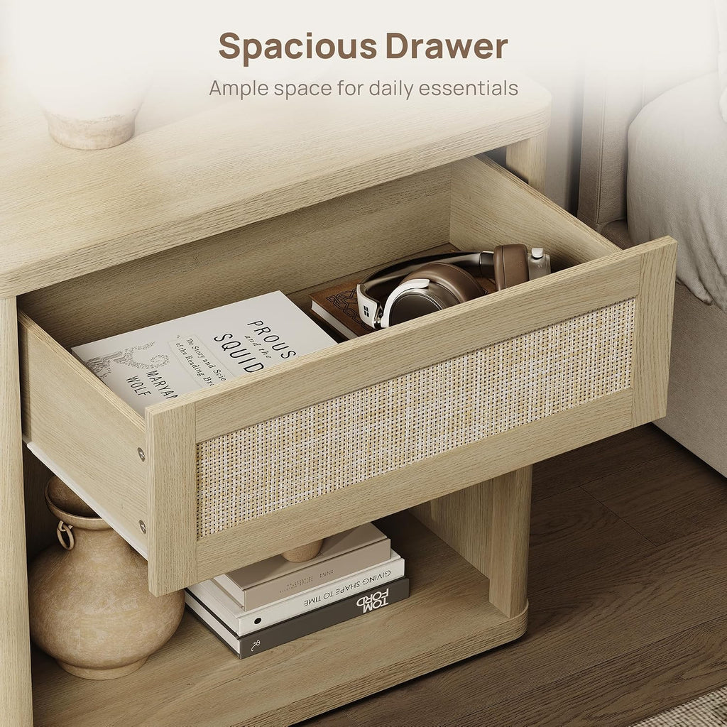 SICOTAS Night Stand Set of 2 26' Wide Large Nightstands with Drawer & Shelf Storage Rattan Bedside Table Boho End Table Tall Bed Side Tables Night Stands for Bedroom Living Room Sofa Office, Sand Oak