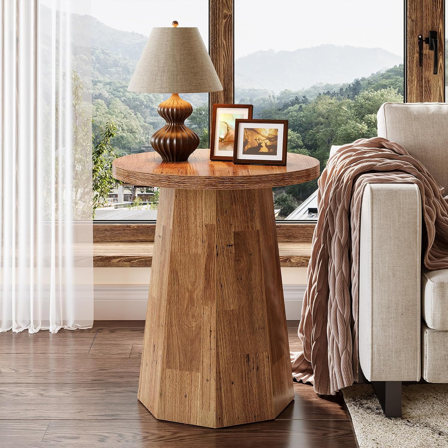 Tribesigns Farmhouse Round End Table, Wooden Couch Side Table with Octagonal Base, Rustic Brown Nightstand Pedestal Accent Furniture for Living Room, Bedroom (Set of 2, Walnut)