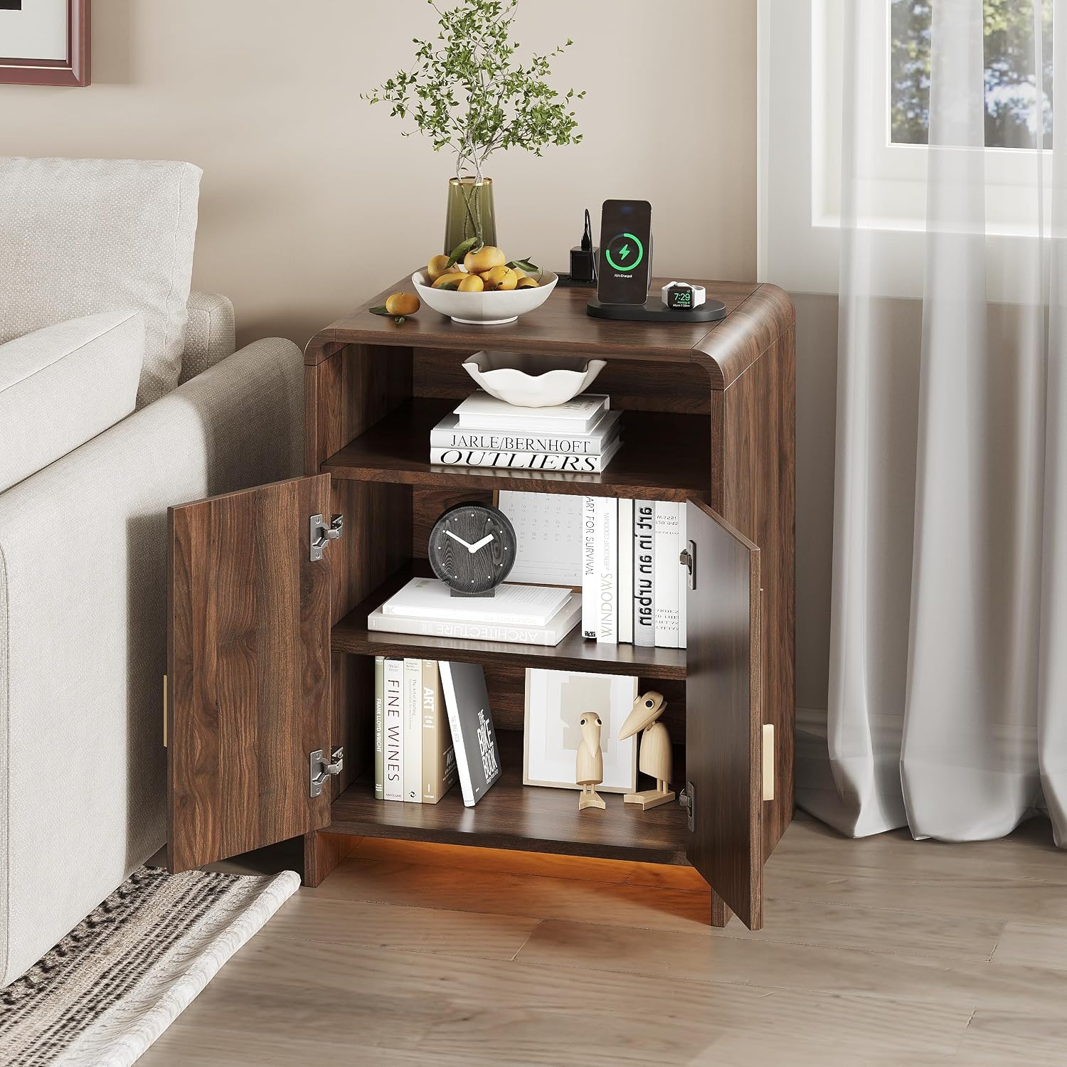 Nightstand with Charging Station and LED Lights, Night Stands with Adjustable Storage Cabinet, Modern Side Table with Fluted Doors and Open Storage, Bedside Table for Bedroom, Walnut