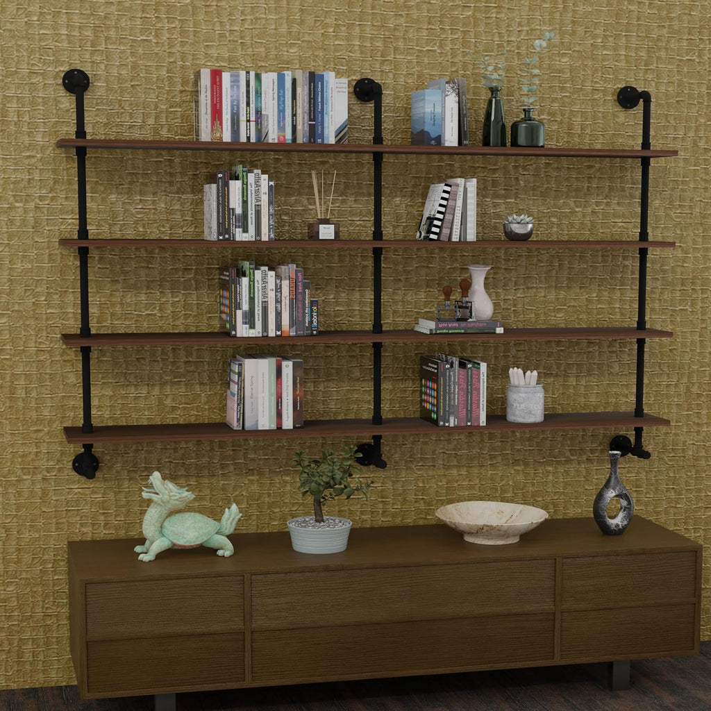 Industrial Pipe Wall Shelves Pipe Shelving with Real Wood Plank ,60 Inches Floating Shelves for Wall Farmhouse Pipe Book Shelves Dark Brown 4 Tier for Kitchen,Living Room Decor and Bar Shelving