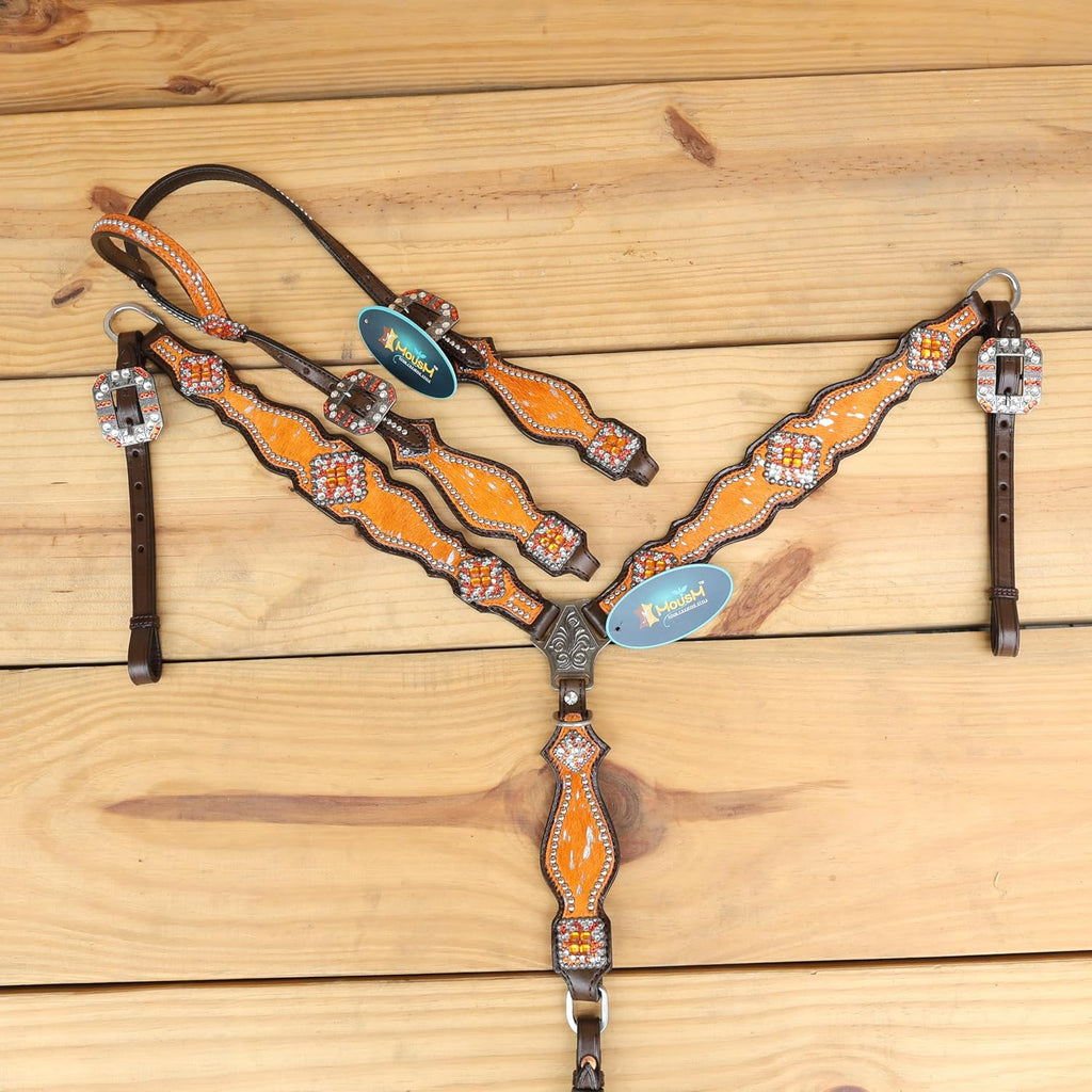 Handmade Western Headstall, Breast Collar, Spur Strap, Wither Strap Tack Set for Horse with Orange and Silver Metallic Acid Wash Cowhide Look