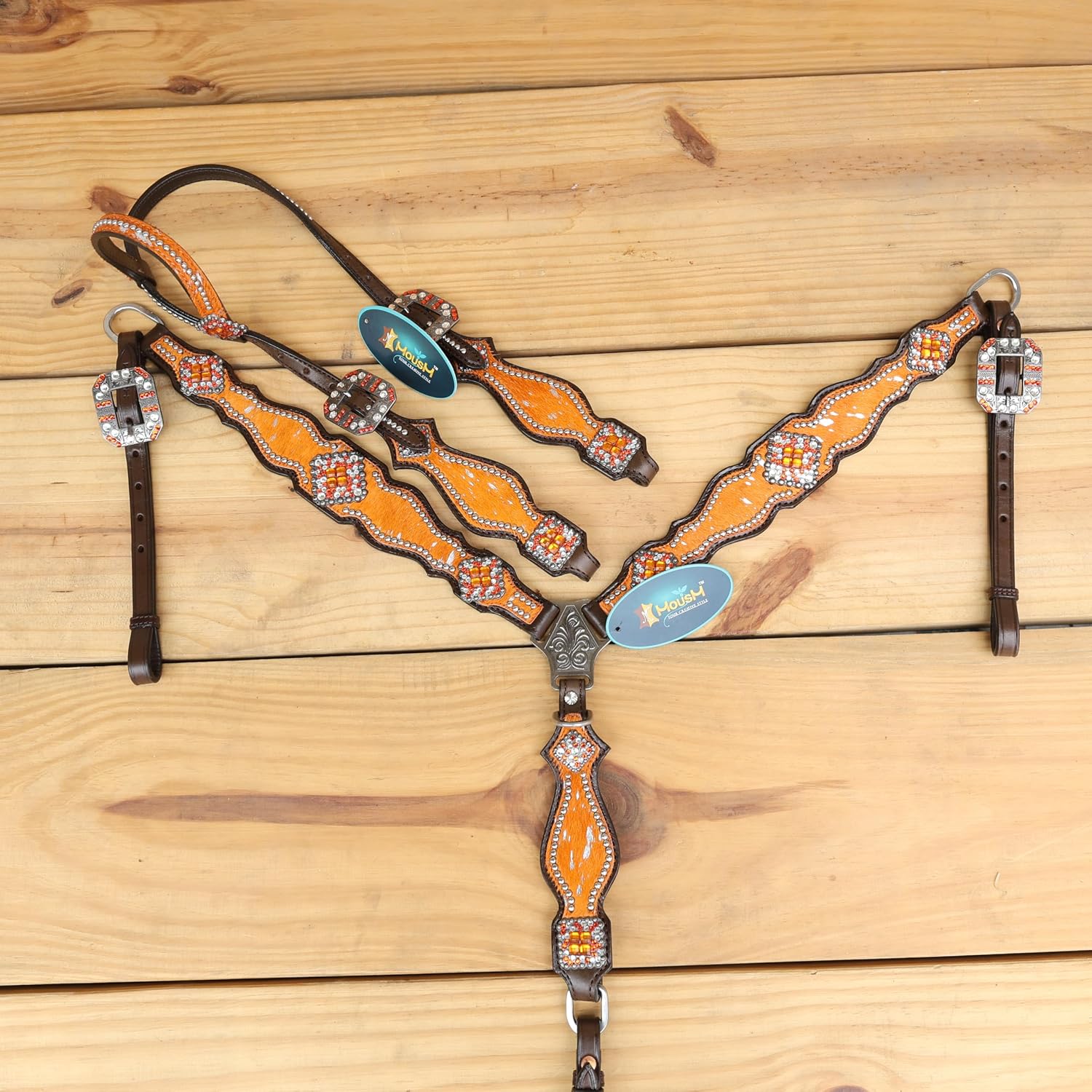 Handmade Western Headstall, Breast Collar, Spur Strap, Wither Strap Tack Set for Horse with Orange and Silver Metallic Acid Wash Cowhide Look
