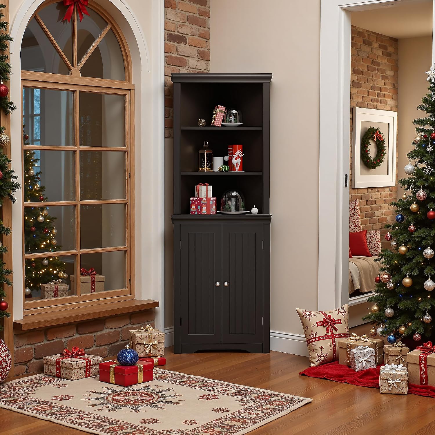 Furmax 62' Corner Cabinet, Bathroom Storage Cabinet with 6 Adjustable Shelves & 2 Doors, Freestanding Corner Shelf for Living Room, Bathroom, Kitchen (Brown)
