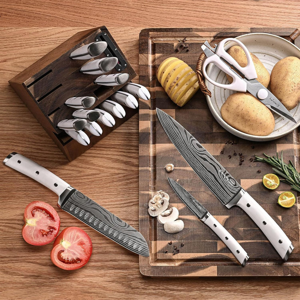 Emojoy Knife Set, 18 Piece Kitchen Knife Set with Block and Built-in Sharpener, Full Tang German Steel Knife Block Set for Kitchen, Razor Sharp Knives Set with Wooden Block