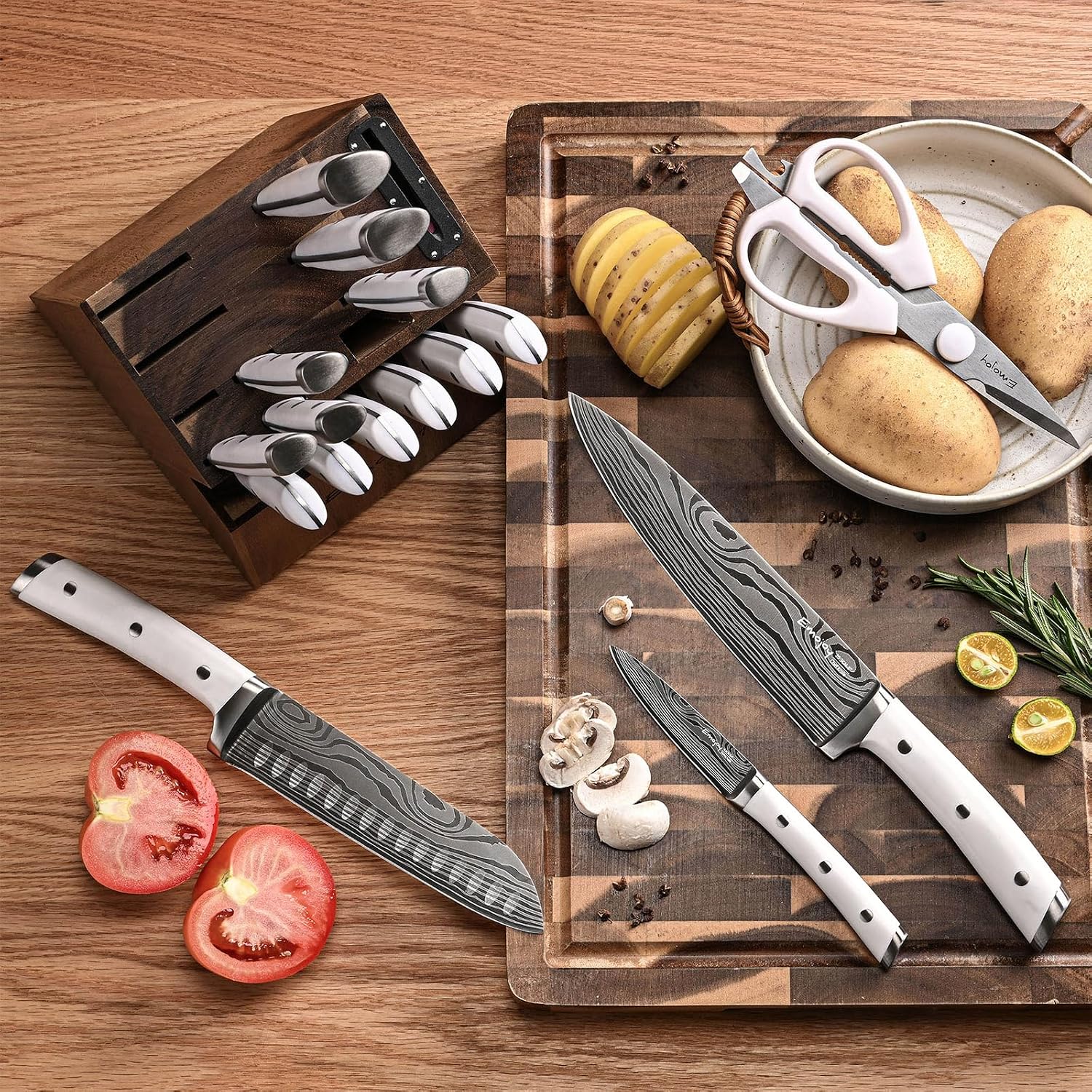 Emojoy Knife Set, 18 Piece Kitchen Knife Set with Block and Built-in Sharpener, Full Tang German Steel Knife Block Set for Kitchen, Razor Sharp Knives Set with Wooden Block