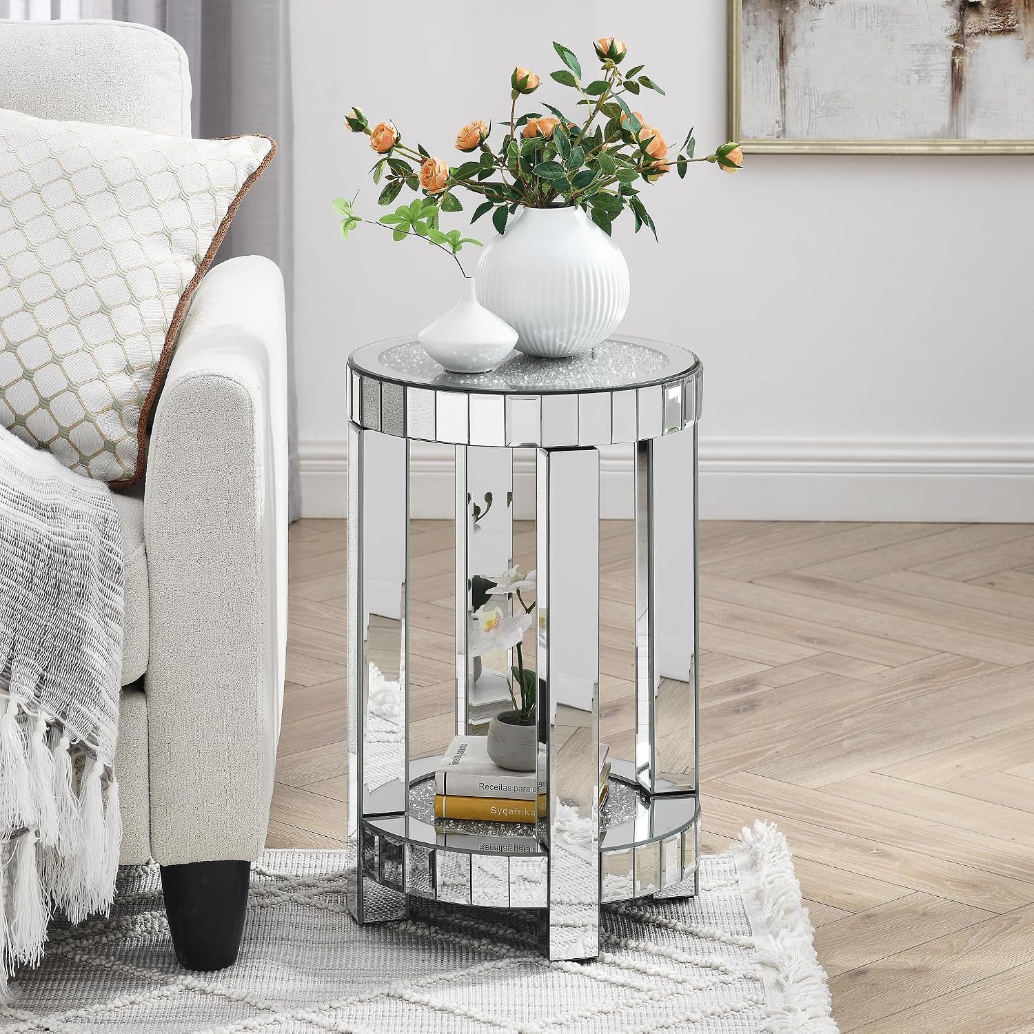 Mirrored Round End Table with Crystal, 2-Layer Modern Small Sofa Table with Storage Space, Silver Decorative Table for Living Room, Bedroom