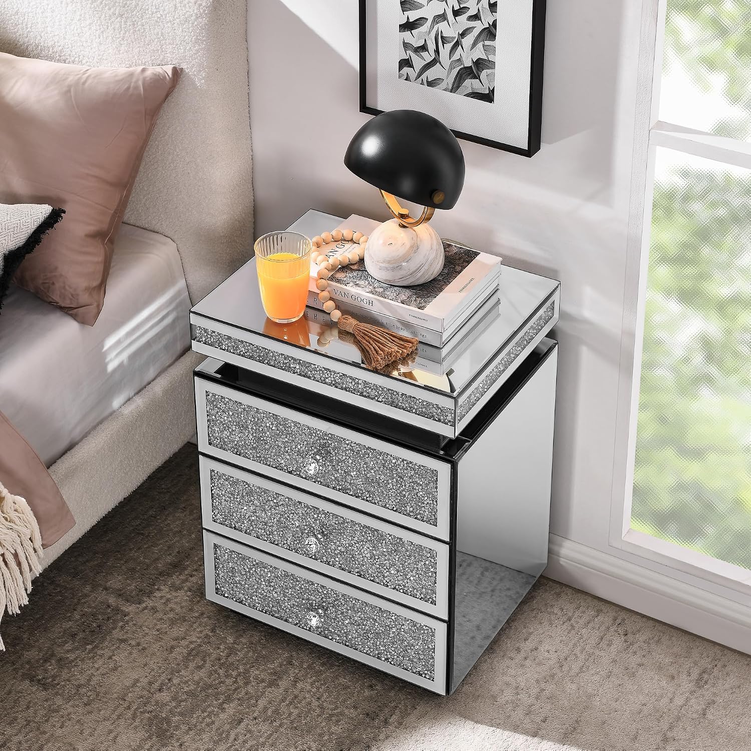 Mirrored Nightstand with 3 Drawers, Silver Nightstand with Crystal Inlay, Mirror End Table, Modern Bedside Table, Glass Table for Bedroom
