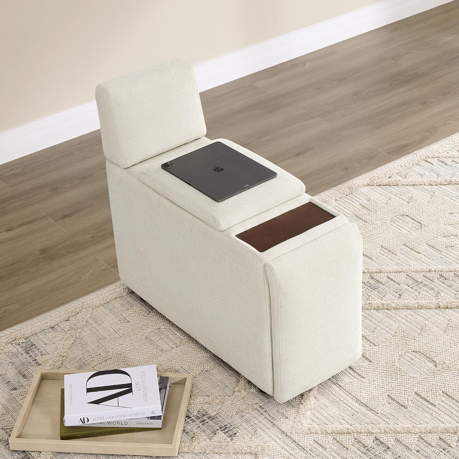 CHITA Versatile Storage Console for Modular Sofa, Multifunctional Side Table with Dual Cup Holders, Table, No Need Assembly, Linen